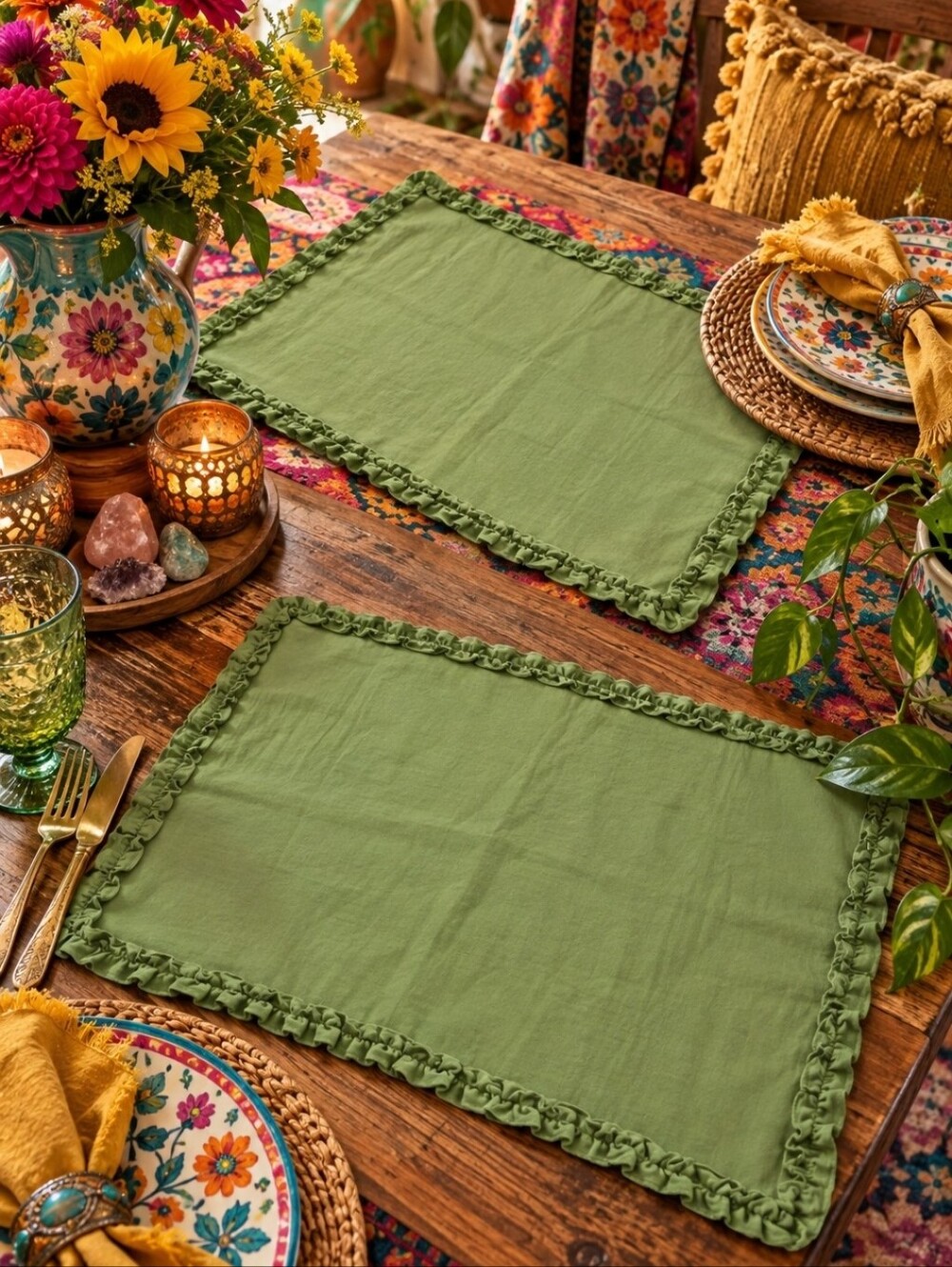 4/$15 Oversized Sage Green Ruffle Placemats Set of 2 Cottagecore Grandmillennial